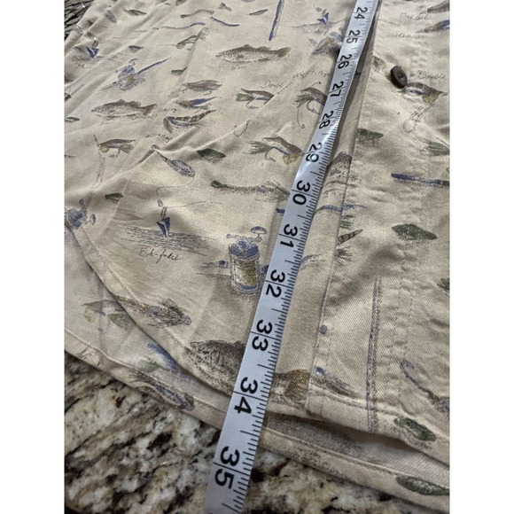 Woolrich Shirt Mens LGE Beige Fishing Print Short‎ Sleeve Button Down Outdoor - Picture 7 of 8